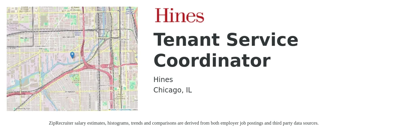 Hines job posting for a Tenant Service Coordinator in Chicago, IL with a salary of $41,800 to $61,300 Yearly with a map of Chicago location.