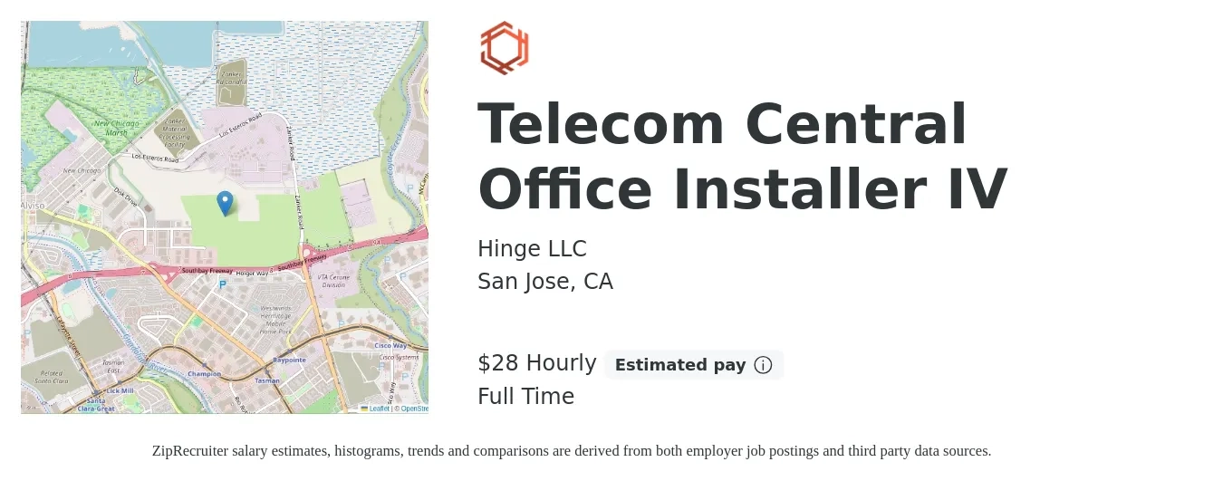 Hinge LLC job posting for a Telecom Central Office Installer IV in San Jose, CA with a salary of $30 Hourly with a map of San Jose location.