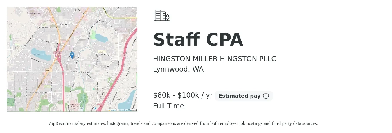 HINGSTON MILLER HINGSTON PLLC job posting for a Staff CPA in Lynnwood, WA with a salary of $80,000 to $100,000 Yearly with a map of Lynnwood location.