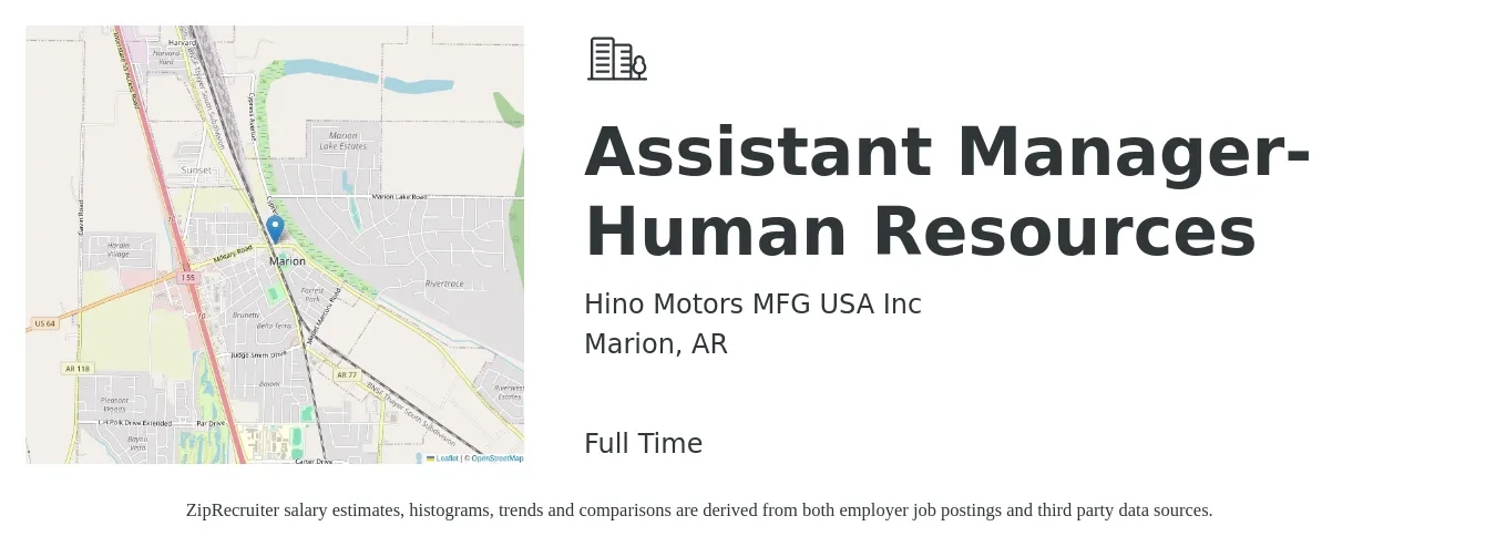 Hino Motors MFG USA Inc job posting for a Assistant Manager- Human Resources in Marion, AR with a salary of $44,400 to $82,700 Yearly with a map of Marion location.