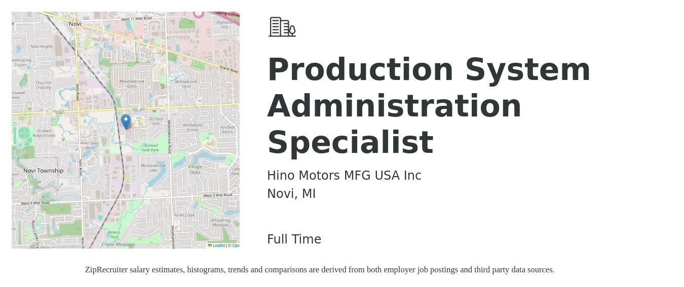 Hino Motors MFG USA Inc job posting for a Production System Administration Specialist in Novi, MI with a salary of $16 to $21 Hourly with a map of Novi location.