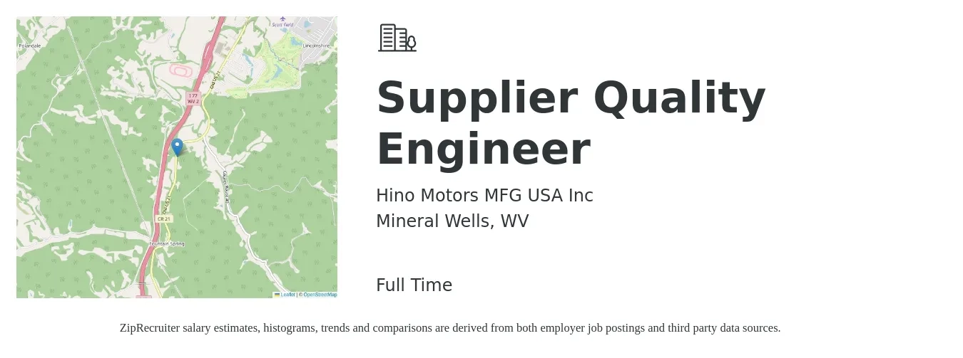Hino Motors MFG USA Inc job posting for a Supplier Quality Engineer in Mineral Wells, WV with a salary of $86,900 to $126,000 Yearly with a map of Mineral Wells location.