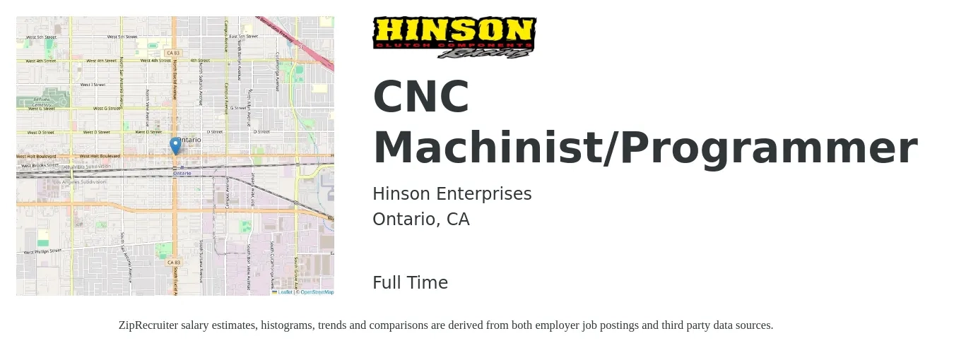 Hinson Enterprises job posting for a CNC Machinist/Programmer in Ontario, CA with a salary of $27 to $37 Hourly with a map of Ontario location.