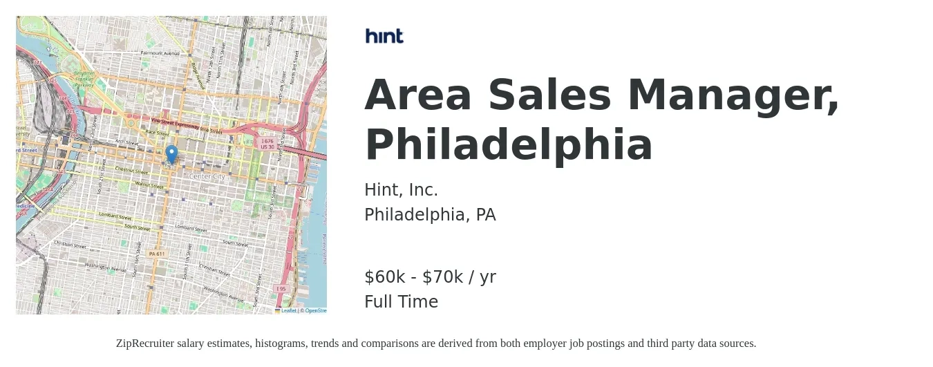Hint, Inc. job posting for a Area Sales Manager, Philadelphia in Philadelphia, PA with a salary of $60,000 to $65,000 Yearly with a map of Philadelphia location.