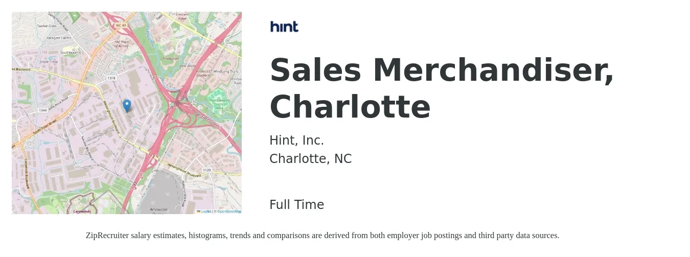 Hint, Inc. job posting for a Sales Merchandiser, Charlotte in Charlotte, NC with a salary of $45,000 to $47,500 Yearly with a map of Charlotte location.
