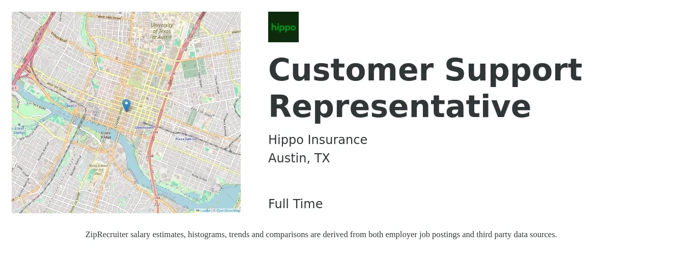 Hippo Insurance job posting for a Customer Support Representative in Austin, TX with a salary of $16 to $22 Hourly with a map of Austin location.