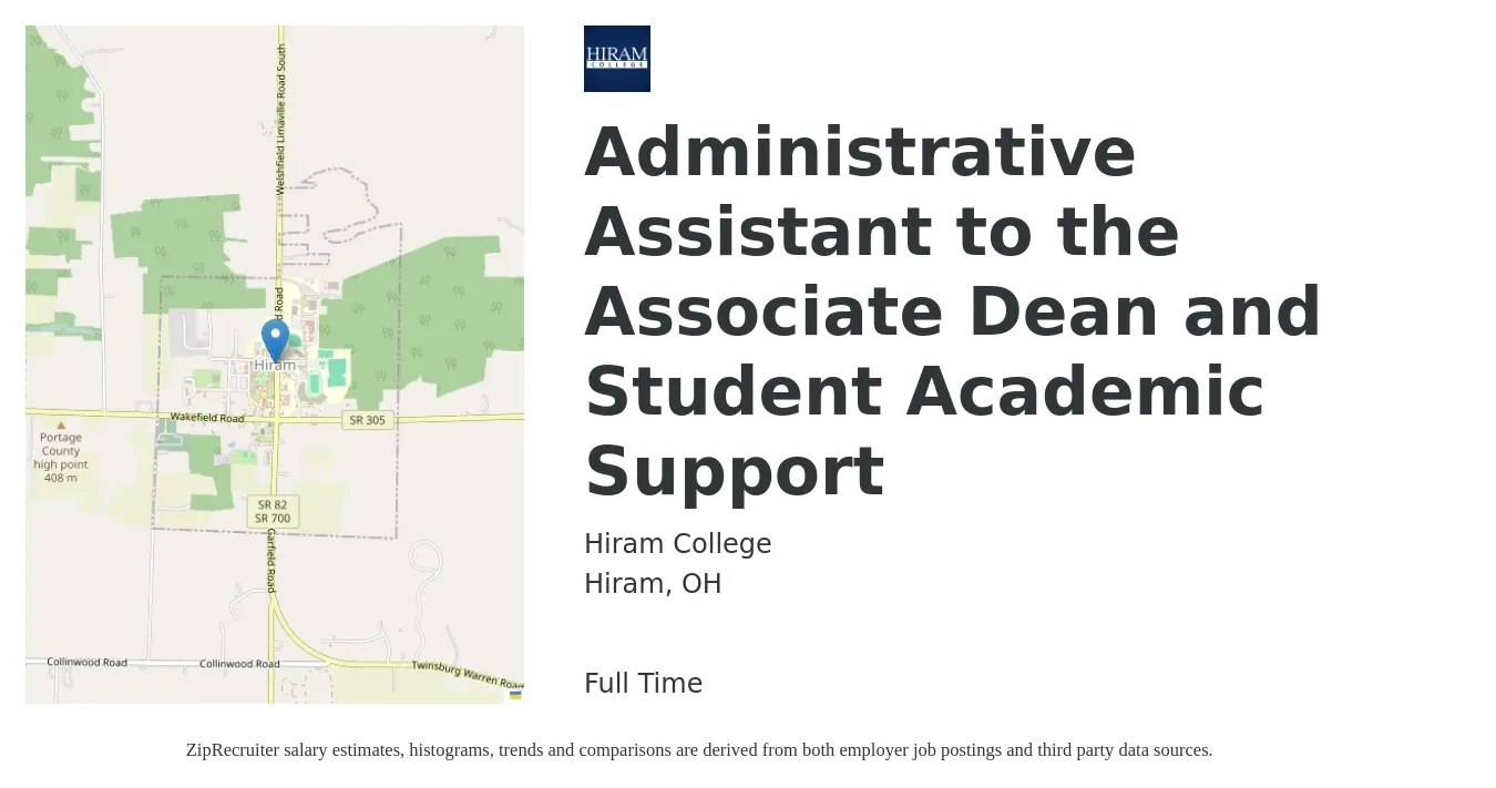 Hiram College job posting for a Administrative Assistant to the Associate Dean and Student Academic Support in Hiram, OH with a salary of $16 to $20 Hourly with a map of Hiram location.