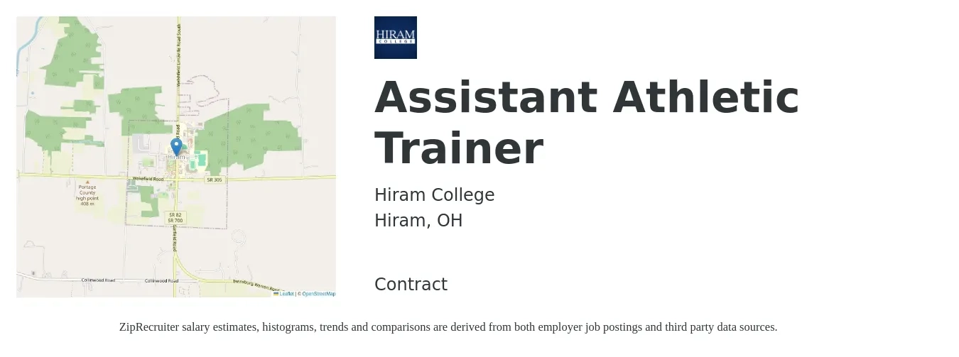 Hiram College job posting for a Assistant Athletic Trainer in Hiram, OH with a salary of $22,300 to $47,000 Yearly with a map of Hiram location.