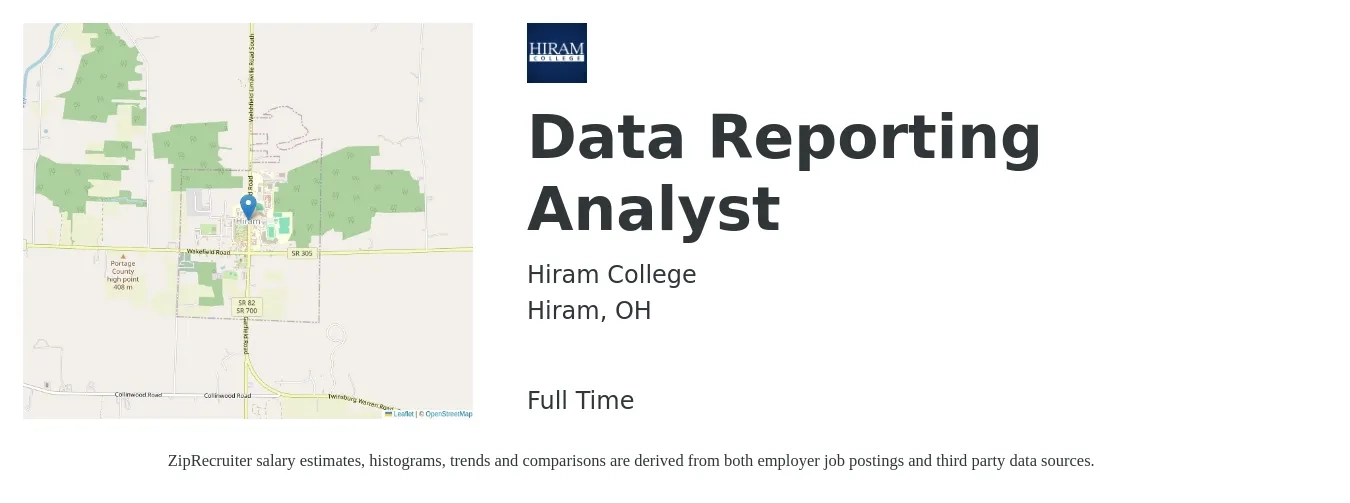 Hiram College job posting for a Data Reporting Analyst in Hiram, OH with a salary of $29 to $47 Hourly with a map of Hiram location.