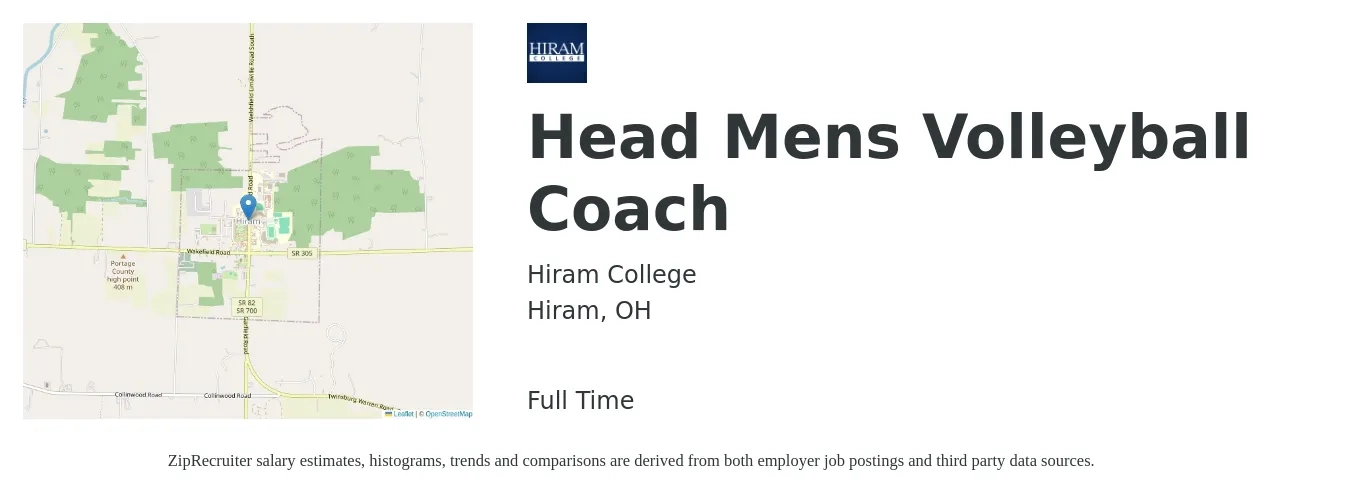 Hiram College job posting for a Head Mens Volleyball Coach in Hiram, OH with a salary of $14 to $28 Hourly with a map of Hiram location.