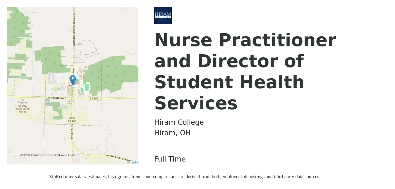 Hiram College job posting for a Nurse Practitioner and Director of Student Health Services in Hiram, OH with a salary of $100,500 to $139,500 Yearly with a map of Hiram location.