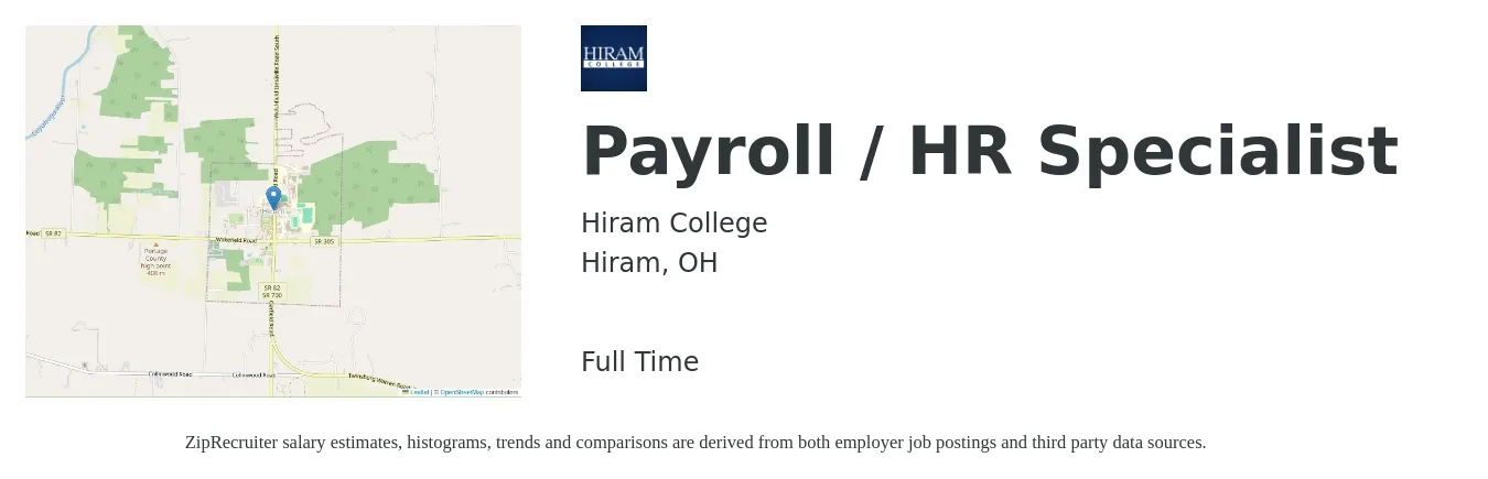 Hiram College job posting for a Payroll / HR Specialist in Hiram, OH with a salary of $22 to $30 Hourly with a map of Hiram location.