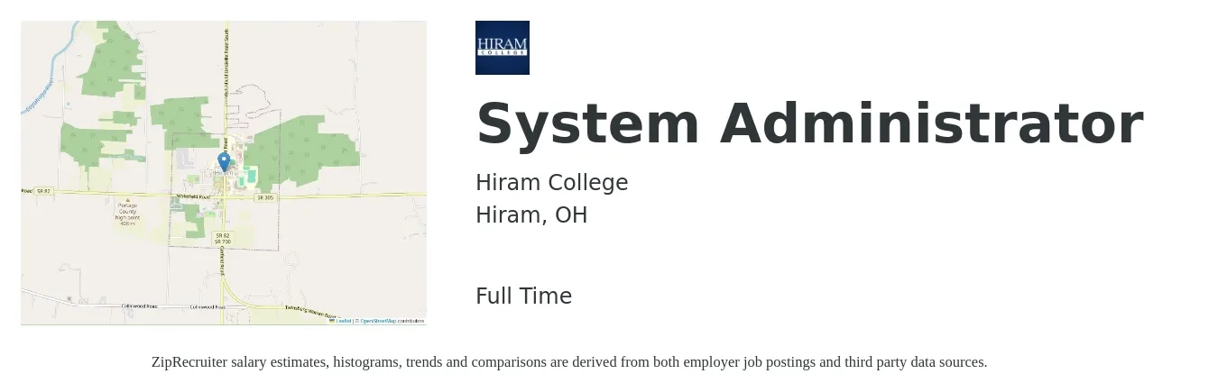 Hiram College job posting for a System Administrator in Hiram, OH with a salary of $65,100 to $96,700 Yearly with a map of Hiram location.