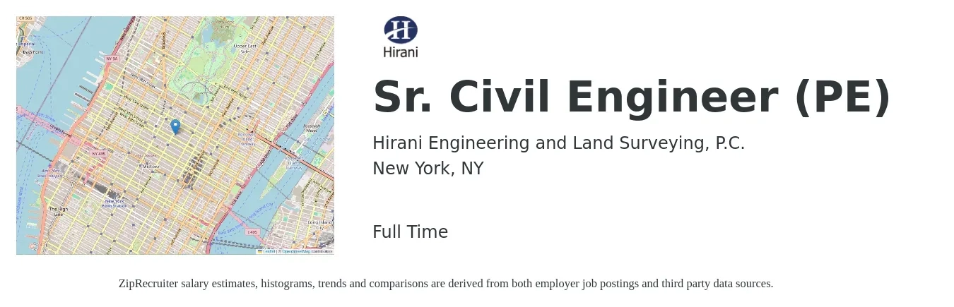 Hirani Engineering and Land Surveying, P.C. job posting for a Sr. Civil Engineer (PE) in New York, NY with a salary of $94,100 to $140,000 Yearly with a map of New York location.
