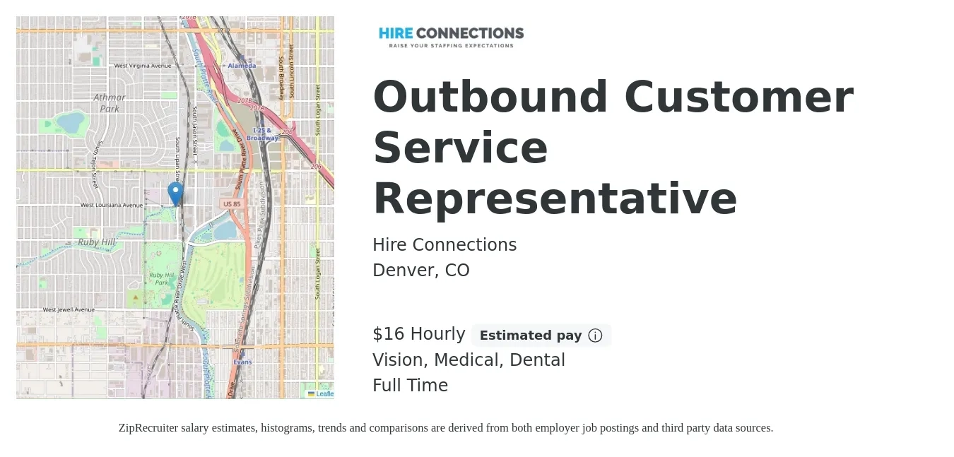 Hire Connections job posting for a Outbound Customer Service Representative in Denver, CO with a salary of $17 Hourly and benefits including dental, medical, and vision with a map of Denver location.