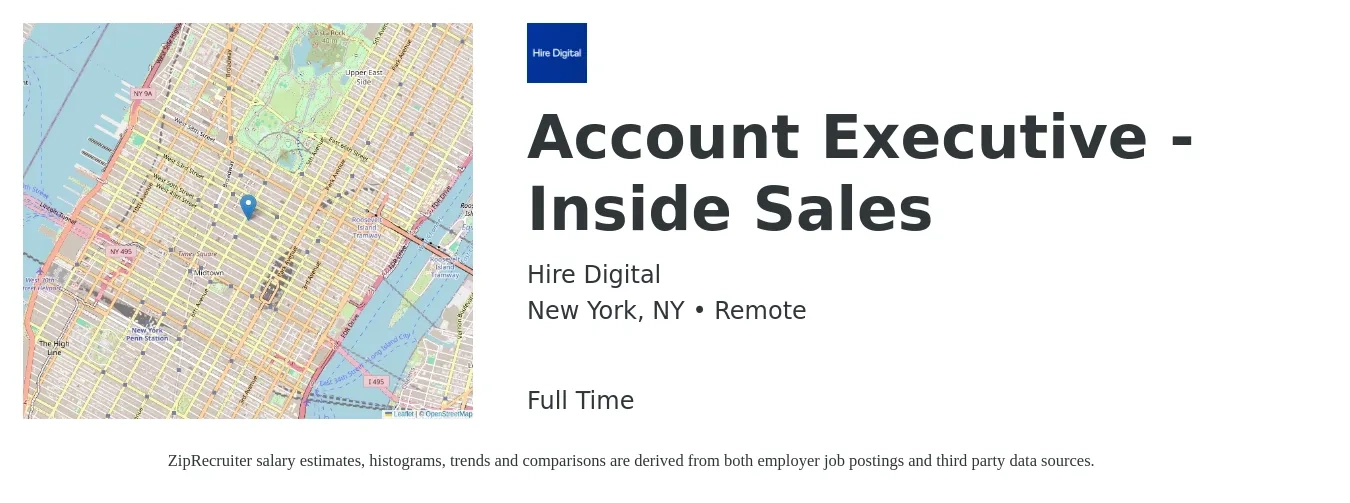 Hire Digital job posting for a Account Executive - Inside Sales in New York, NY with a salary of $50,300 to $90,300 Yearly with a map of New York location.