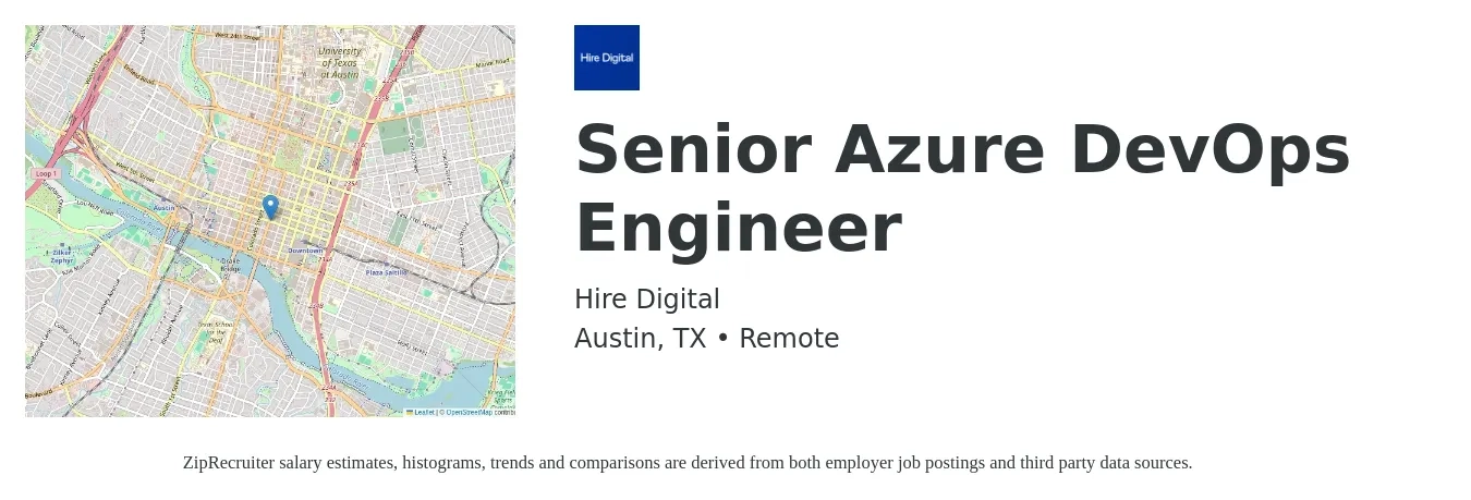 Hire Digital job posting for a Senior Azure DevOps Engineer in Austin, TX with a salary of $128,900 to $165,500 Yearly with a map of Austin location.