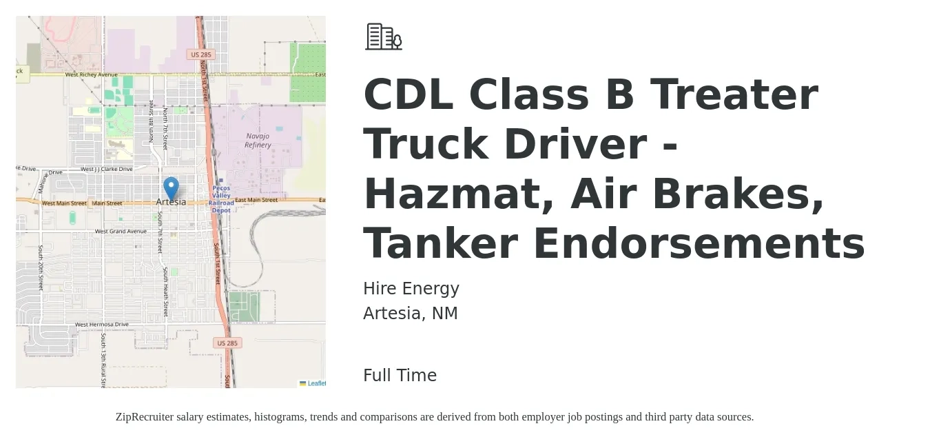 Hire Energy job posting for a CDL Class B Treater Truck Driver - Hazmat, Air Brakes, Tanker Endorsements in Artesia, NM with a salary of $1,130 to $1,630 Weekly with a map of Artesia location.