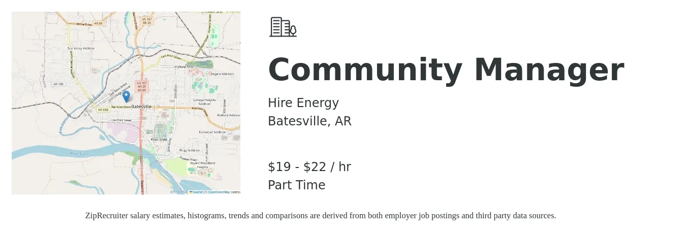Hire Energy, LLC job posting for a Community Manager in Batesville, AR with a salary of $20 to $23 Hourly with a map of Batesville location.