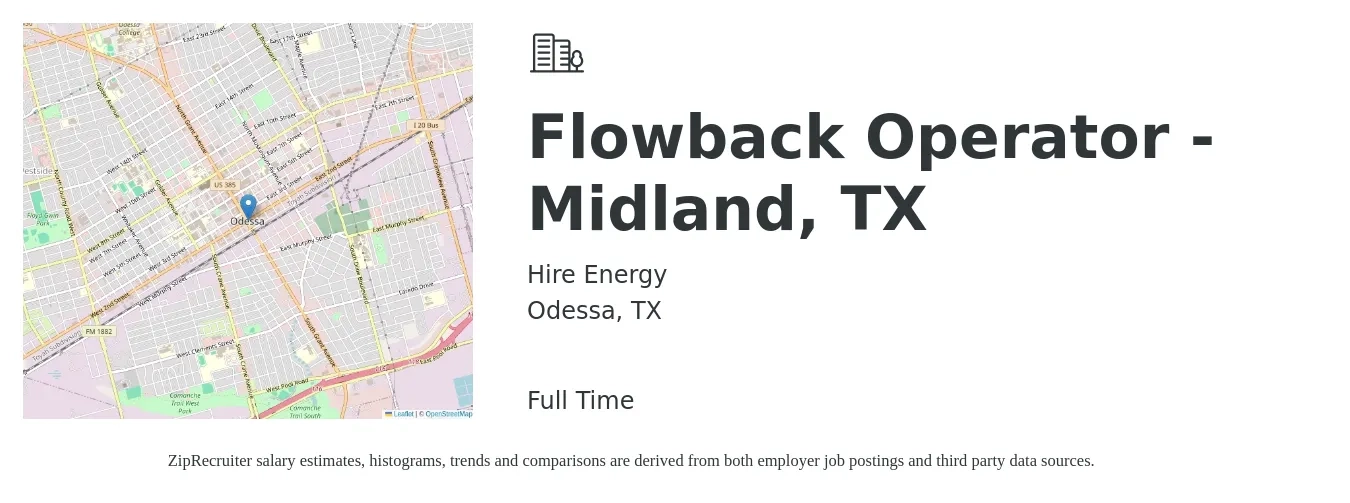 Hire Energy job posting for a Flowback Operator - Midland, TX in Odessa, TX with a salary of $40,400 to $62,600 Yearly with a map of Odessa location.