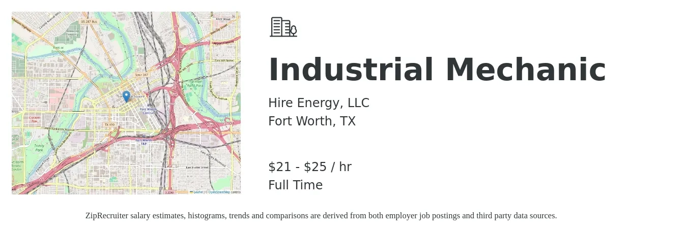 Hire Energy, LLC job posting for a Industrial Mechanic in Fort Worth, TX with a salary of $22 to $26 Hourly with a map of Fort Worth location.