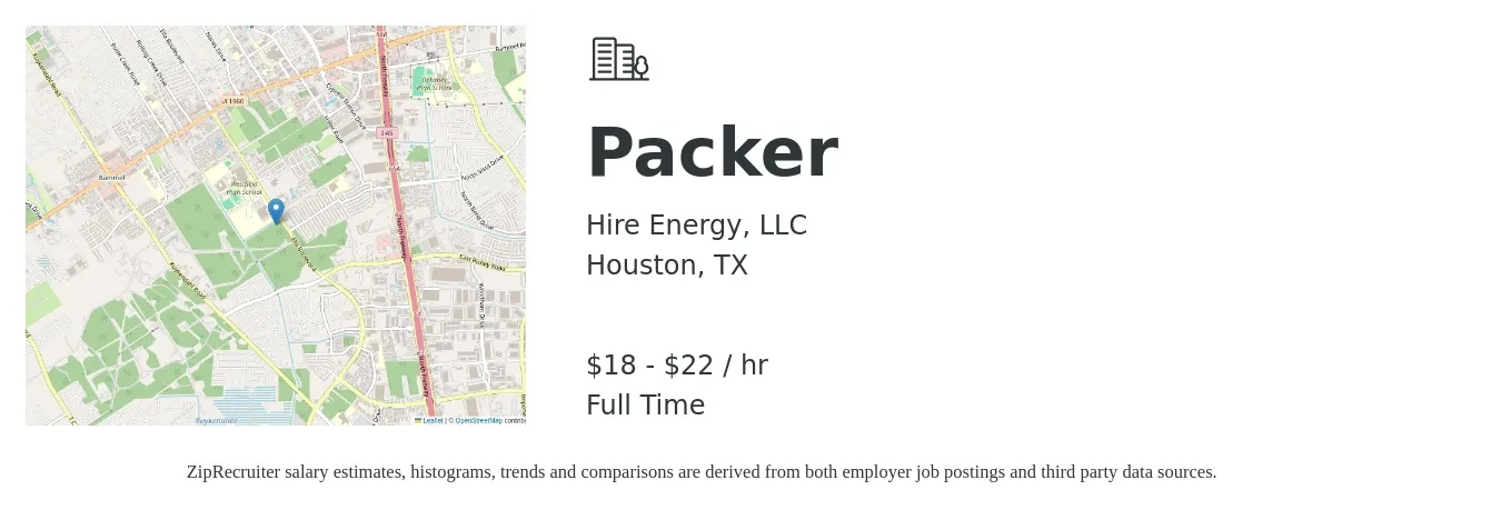 Hire Energy, LLC job posting for a Packer in Houston, TX with a salary of $19 to $23 Hourly with a map of Houston location.