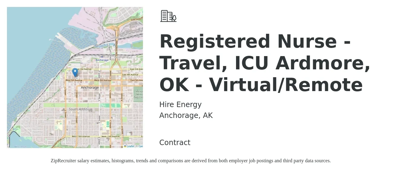 Hire Energy job posting for a Registered Nurse - Travel, ICU Ardmore, OK - Virtual/Remote in Anchorage, AK with a salary of $2,000 to $2,820 Weekly with a map of Anchorage location.