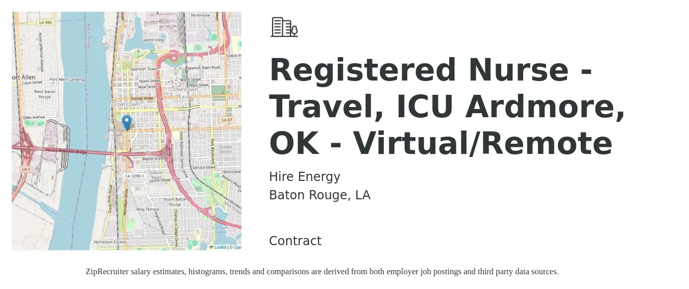 Hire Energy job posting for a Registered Nurse - Travel, ICU Ardmore, OK - Virtual/Remote in Baton Rouge, LA with a salary of $1,880 to $2,650 Weekly with a map of Baton Rouge location.
