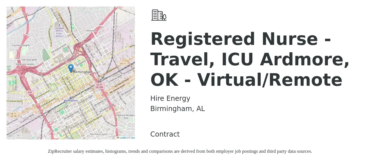 Hire Energy job posting for a Registered Nurse - Travel, ICU Ardmore, OK - Virtual/Remote in Birmingham, AL with a salary of $1,840 to $2,590 Weekly with a map of Birmingham location.