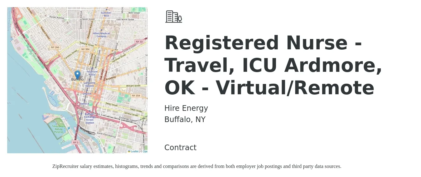 Hire Energy job posting for a Registered Nurse - Travel, ICU Ardmore, OK - Virtual/Remote in Buffalo, NY with a salary of $1,900 to $2,670 Weekly with a map of Buffalo location.