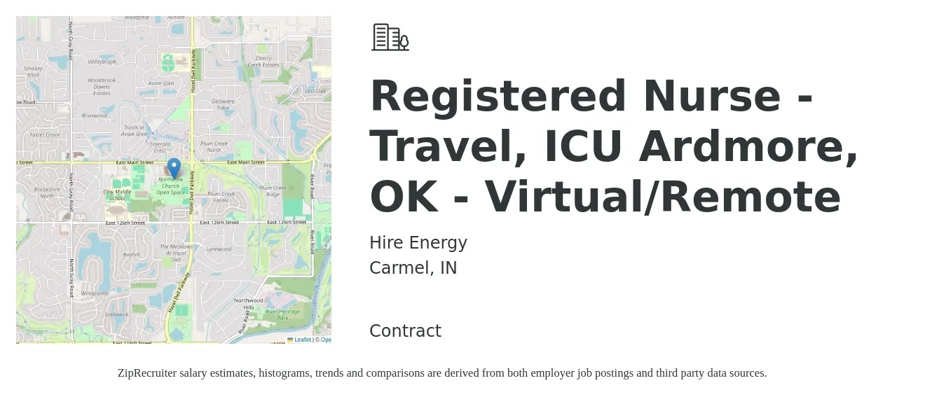Hire Energy job posting for a Registered Nurse - Travel, ICU Ardmore, OK - Virtual/Remote in Carmel, IN with a salary of $1,960 to $2,760 Weekly with a map of Carmel location.