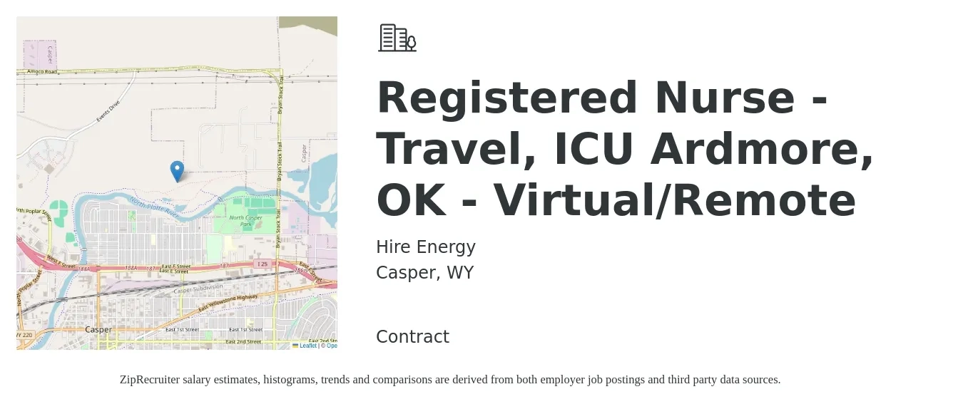 Hire Energy job posting for a Registered Nurse - Travel, ICU Ardmore, OK - Virtual/Remote in Casper, WY with a salary of $1,900 to $2,680 Weekly with a map of Casper location.
