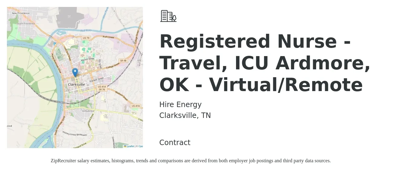 Hire Energy job posting for a Registered Nurse - Travel, ICU Ardmore, OK - Virtual/Remote in Clarksville, TN with a salary of $1,700 to $2,400 Weekly with a map of Clarksville location.