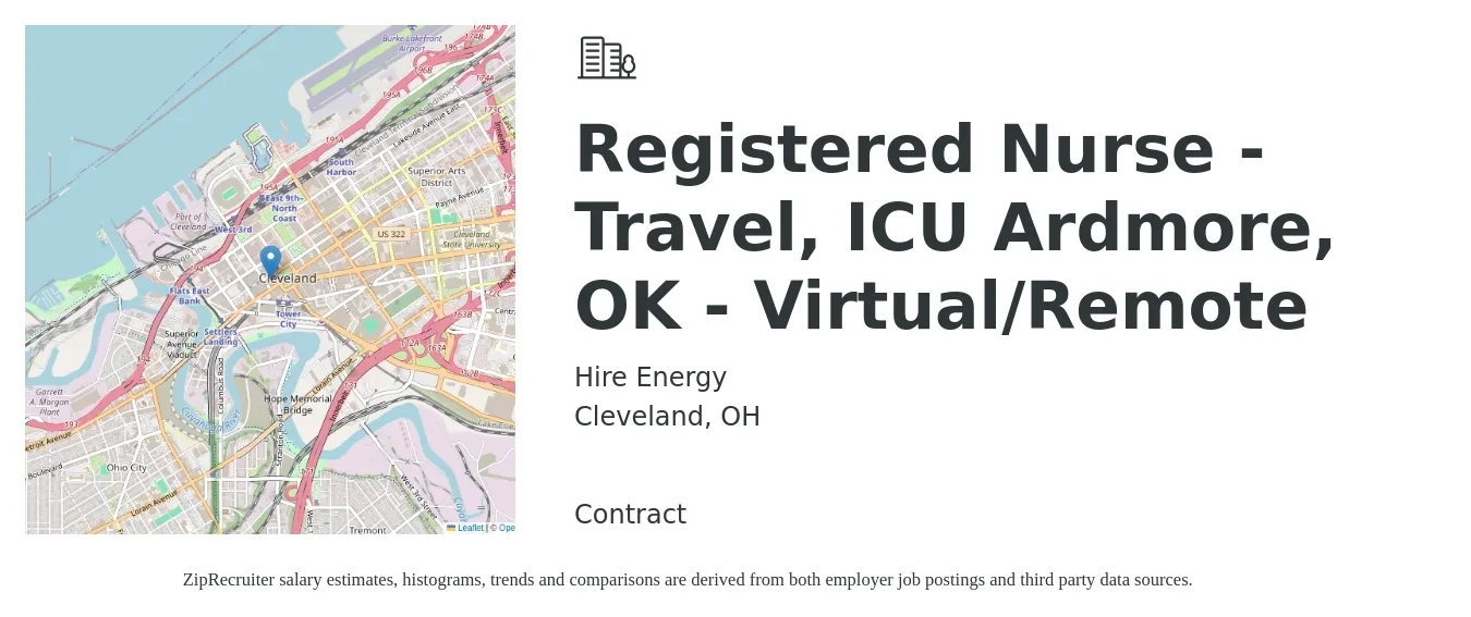 Hire Energy job posting for a Registered Nurse - Travel, ICU Ardmore, OK - Virtual/Remote in Cleveland, OH with a salary of $1,900 to $2,680 Weekly with a map of Cleveland location.