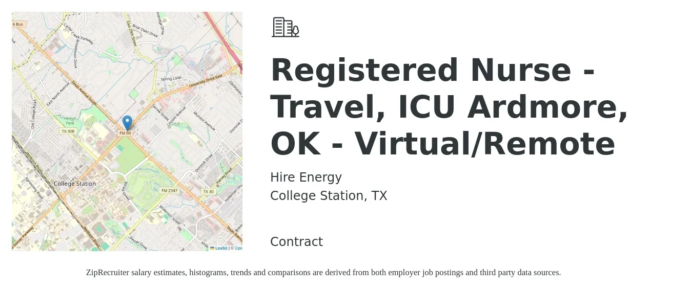 Hire Energy job posting for a Registered Nurse - Travel, ICU Ardmore, OK - Virtual/Remote in College Station, TX with a salary of $1,620 to $2,280 Weekly with a map of College Station location.