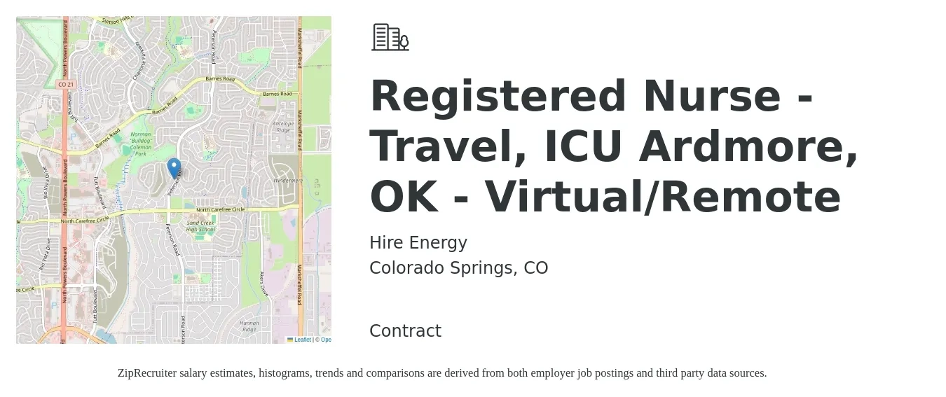 Hire Energy job posting for a Registered Nurse - Travel, ICU Ardmore, OK - Virtual/Remote in Colorado Springs, CO with a salary of $1,930 to $2,720 Weekly with a map of Colorado Springs location.