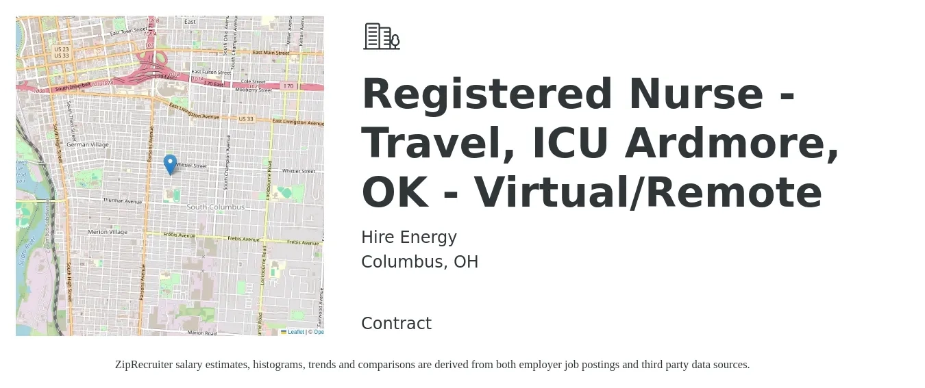 Hire Energy job posting for a Registered Nurse - Travel, ICU Ardmore, OK - Virtual/Remote in Columbus, OH with a salary of $1,890 to $2,670 Weekly with a map of Columbus location.