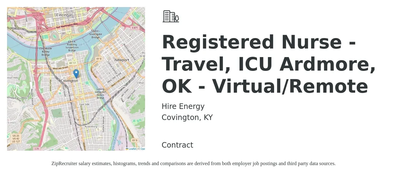 Hire Energy job posting for a Registered Nurse - Travel, ICU Ardmore, OK - Virtual/Remote in Covington, KY with a salary of $1,900 to $2,680 Weekly with a map of Covington location.