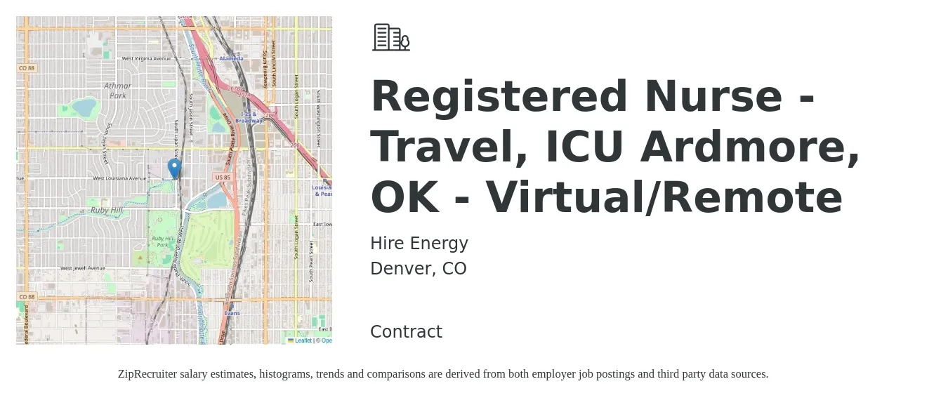 Hire Energy job posting for a Registered Nurse - Travel, ICU Ardmore, OK - Virtual/Remote in Denver, CO with a salary of $2,020 to $2,840 Weekly with a map of Denver location.