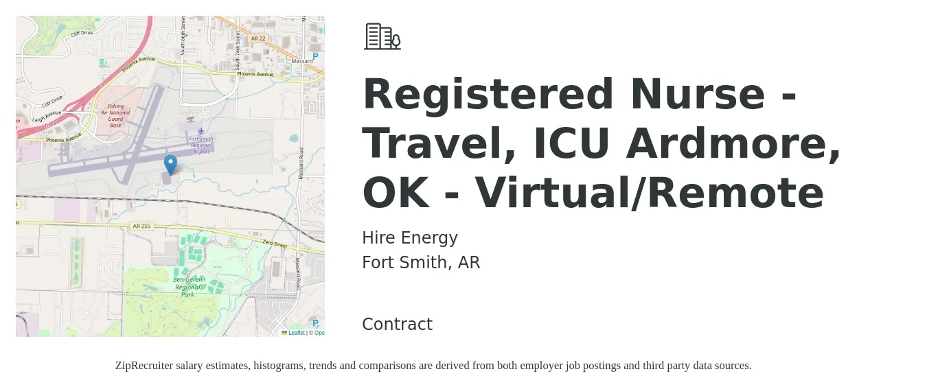 Hire Energy job posting for a Registered Nurse - Travel, ICU Ardmore, OK - Virtual/Remote in Fort Smith, AR with a salary of $1,890 to $2,660 Weekly with a map of Fort Smith location.