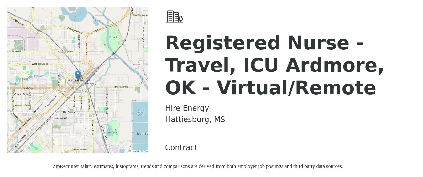 Hire Energy job posting for a Registered Nurse - Travel, ICU Ardmore, OK - Virtual/Remote in Hattiesburg, MS with a salary of $1,940 to $2,740 Weekly with a map of Hattiesburg location.