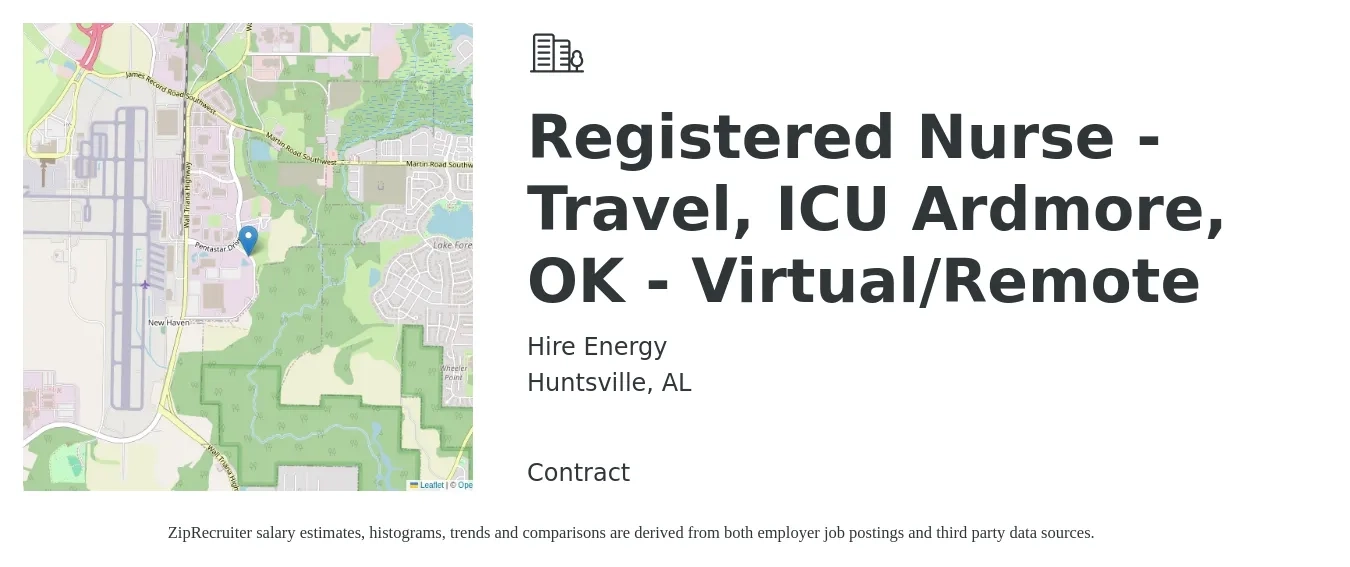 Hire Energy job posting for a Registered Nurse - Travel, ICU Ardmore, OK - Virtual/Remote in Huntsville, AL with a salary of $1,930 to $2,720 Weekly with a map of Huntsville location.