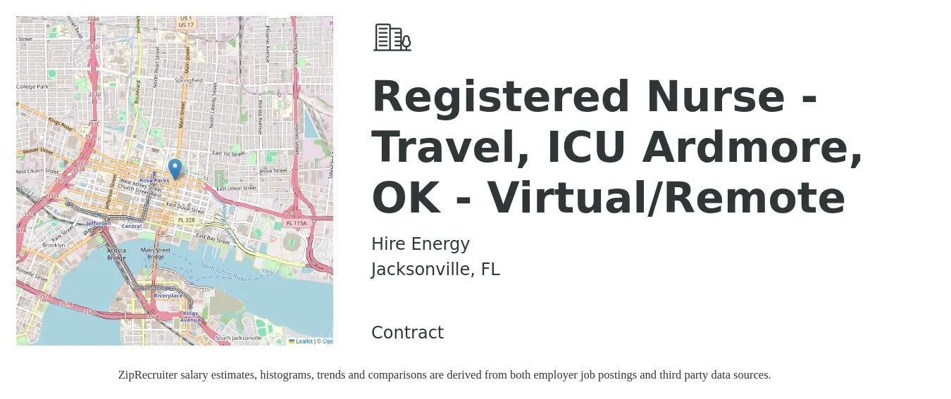 Hire Energy job posting for a Registered Nurse - Travel, ICU Ardmore, OK - Virtual/Remote in Jacksonville, FL with a salary of $1,820 to $2,560 Weekly with a map of Jacksonville location.
