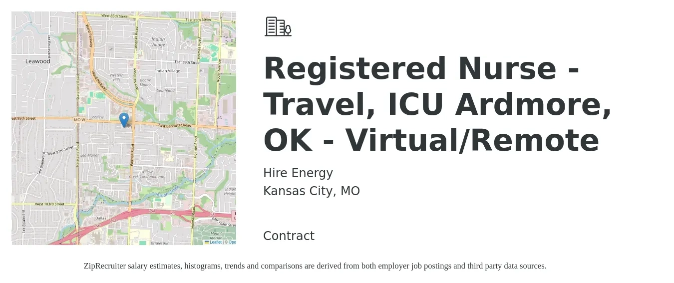 Hire Energy job posting for a Registered Nurse - Travel, ICU Ardmore, OK - Virtual/Remote in Kansas City, MO with a salary of $1,910 to $2,690 Weekly with a map of Kansas City location.