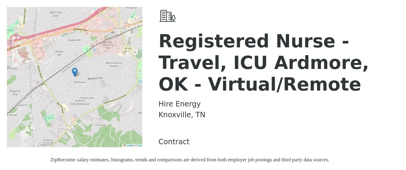 Hire Energy job posting for a Registered Nurse - Travel, ICU Ardmore, OK - Virtual/Remote in Knoxville, TN with a salary of $1,870 to $2,630 Weekly with a map of Knoxville location.