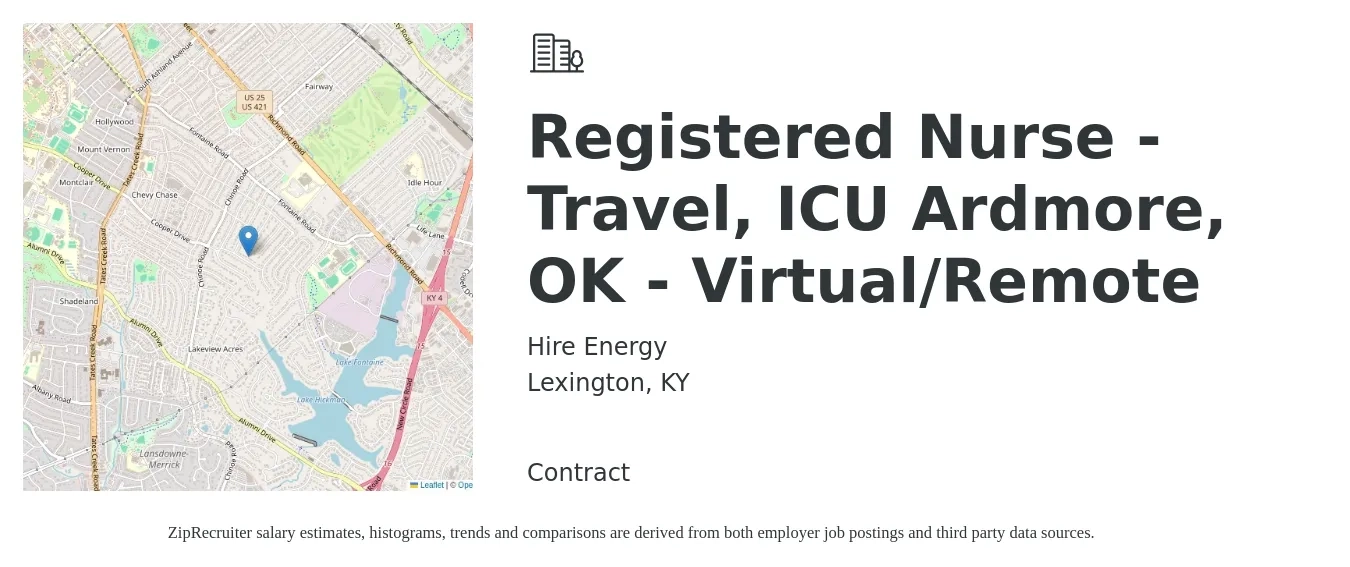 Hire Energy job posting for a Registered Nurse - Travel, ICU Ardmore, OK - Virtual/Remote in Lexington, KY with a salary of $1,950 to $2,740 Weekly with a map of Lexington location.