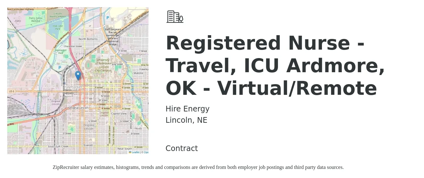 Hire Energy job posting for a Registered Nurse - Travel, ICU Ardmore, OK - Virtual/Remote in Lincoln, NE with a salary of $1,710 to $2,400 Weekly with a map of Lincoln location.
