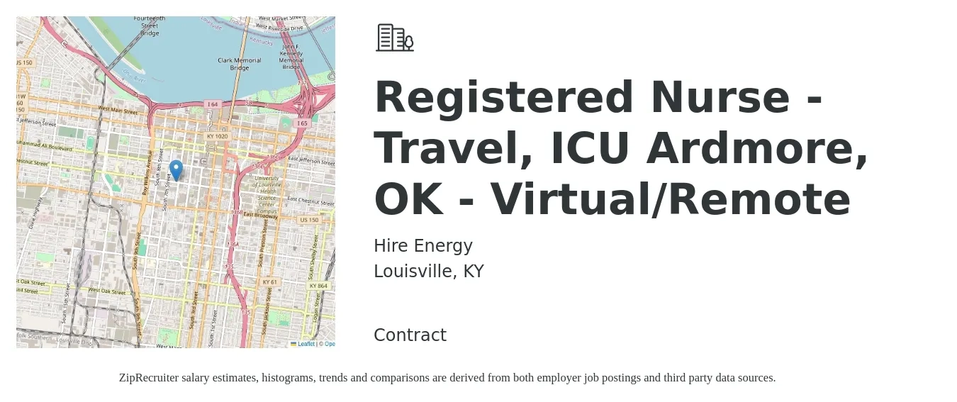 Hire Energy job posting for a Registered Nurse - Travel, ICU Ardmore, OK - Virtual/Remote in Louisville, KY with a salary of $1,880 to $2,650 Weekly with a map of Louisville location.