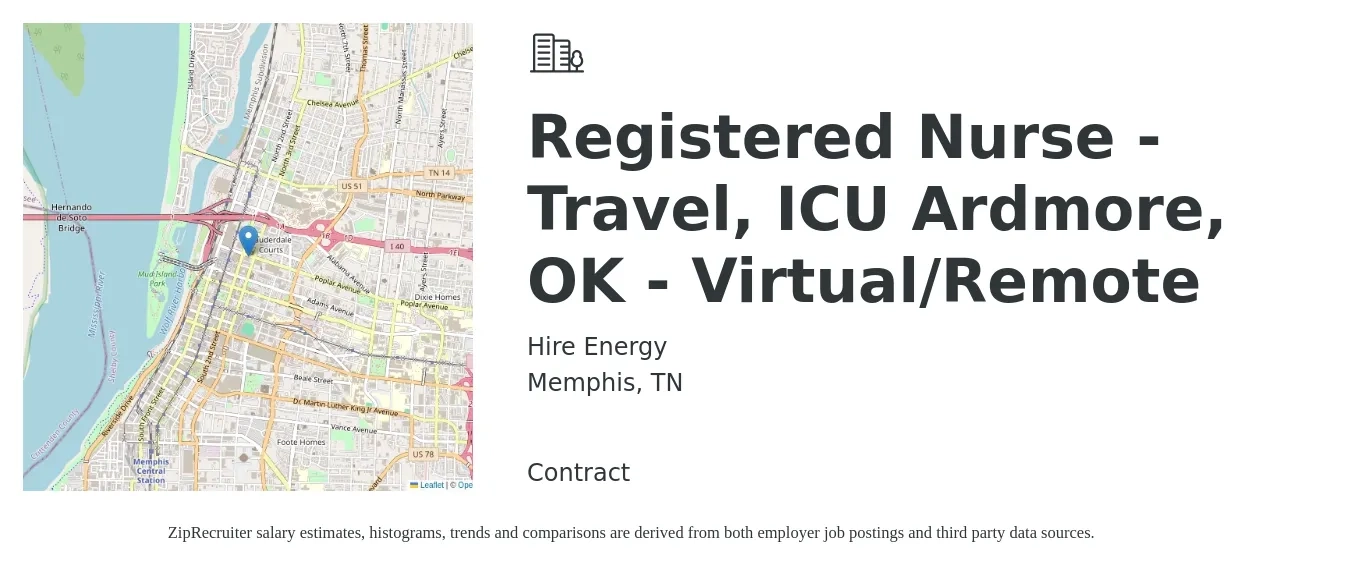Hire Energy job posting for a Registered Nurse - Travel, ICU Ardmore, OK - Virtual/Remote in Memphis, TN with a salary of $1,900 to $2,680 Weekly with a map of Memphis location.