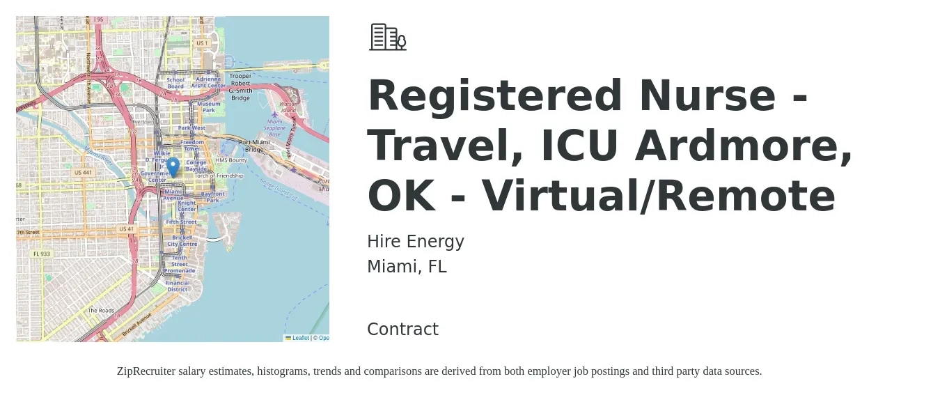 Hire Energy job posting for a Registered Nurse - Travel, ICU Ardmore, OK - Virtual/Remote in Miami, FL with a salary of $1,870 to $2,640 Weekly with a map of Miami location.